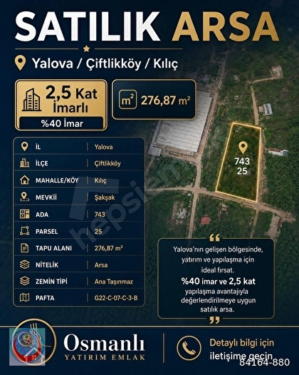 Yalova Çiftlikköy Kılıç’ta %40 imarlı 276,87 m² satılık arsa